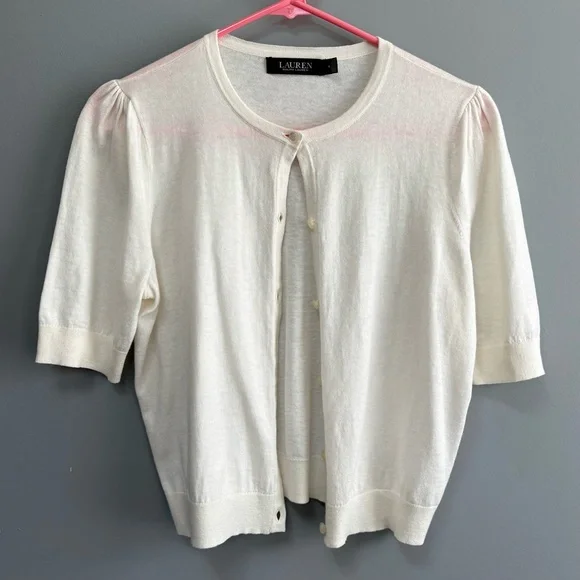 Lauren Ralph Lauren Ivory Cardigan Short Sleeve Button Light Sweater Size M - Picture 1 of 7